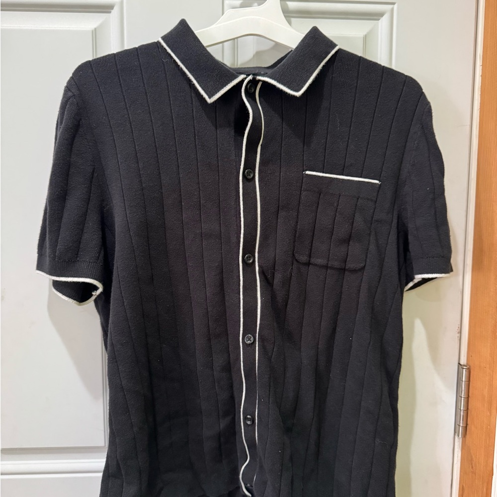 Express Black Textured Button Down Shirt with White Accents
